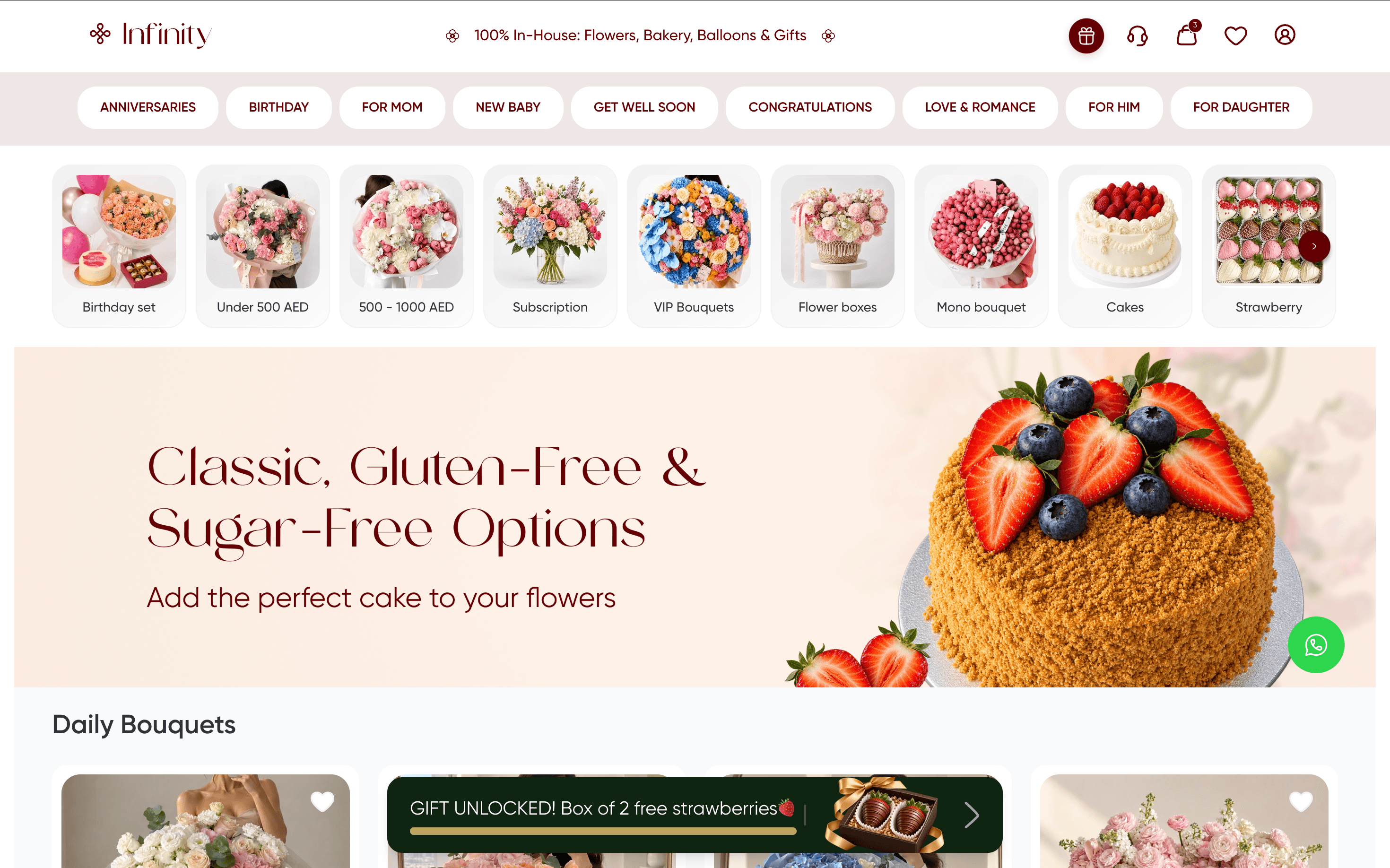Infinity Flowers home page on desktop: gift categories and a cake promo
