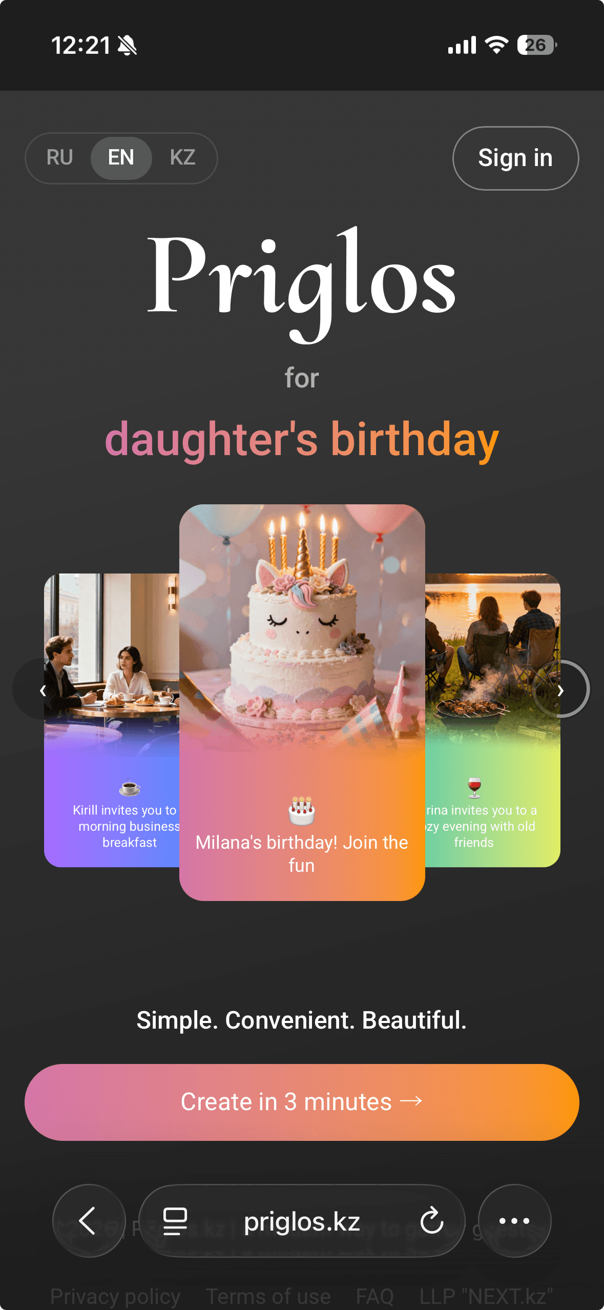 Priglos.kz landing page with RU, EN and KZ language switcher and invitation examples