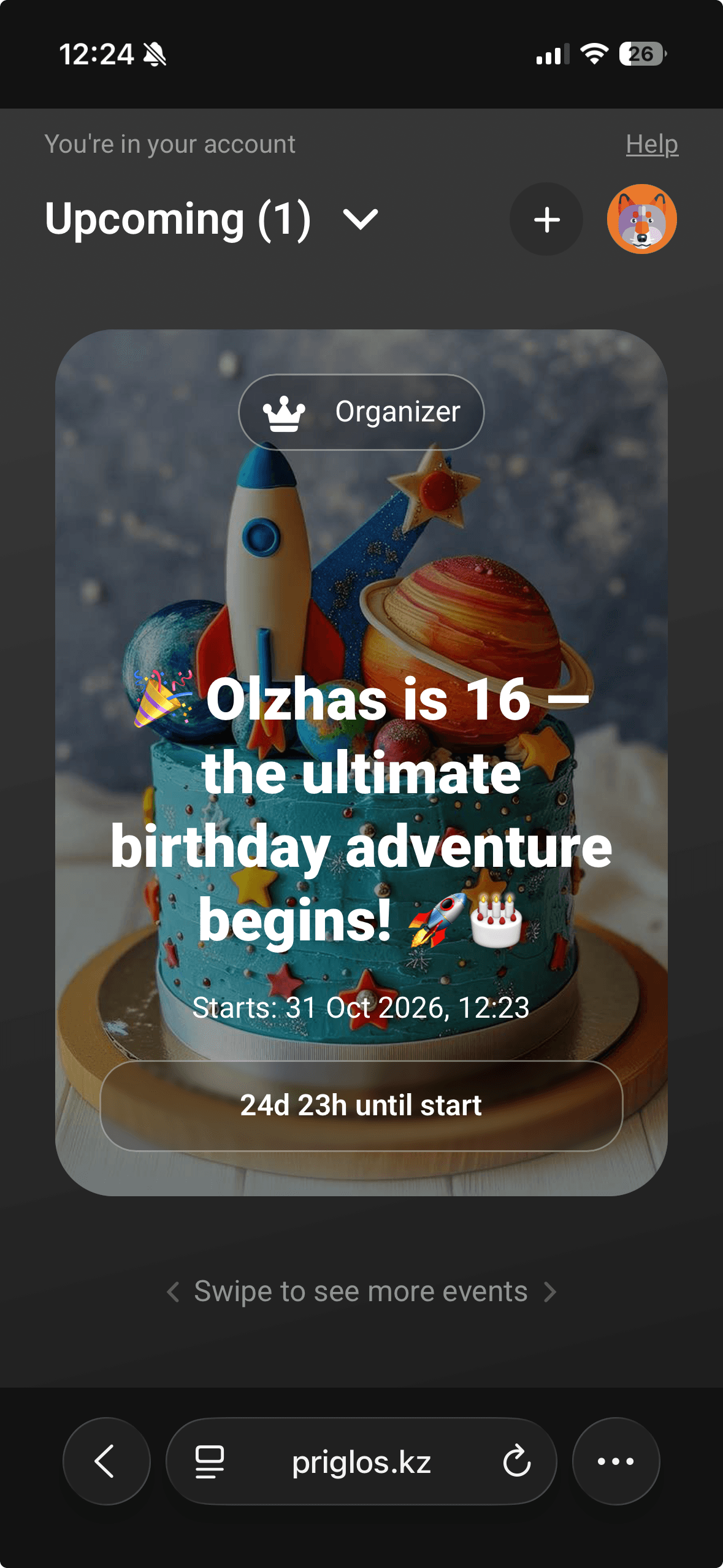 Priglos.kz organizer view: upcoming event with a countdown