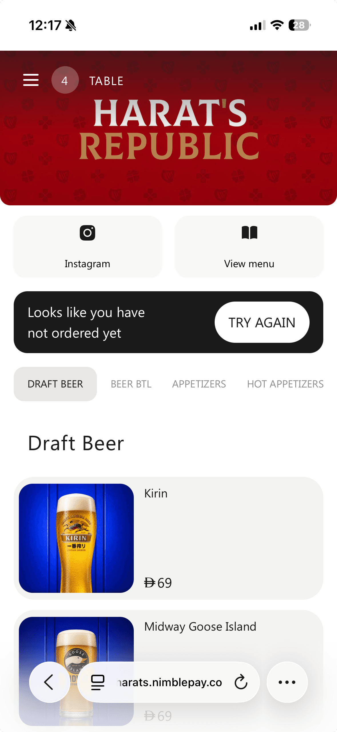 Nimble at Harat’s Republic: draft beer menu with prices in AED