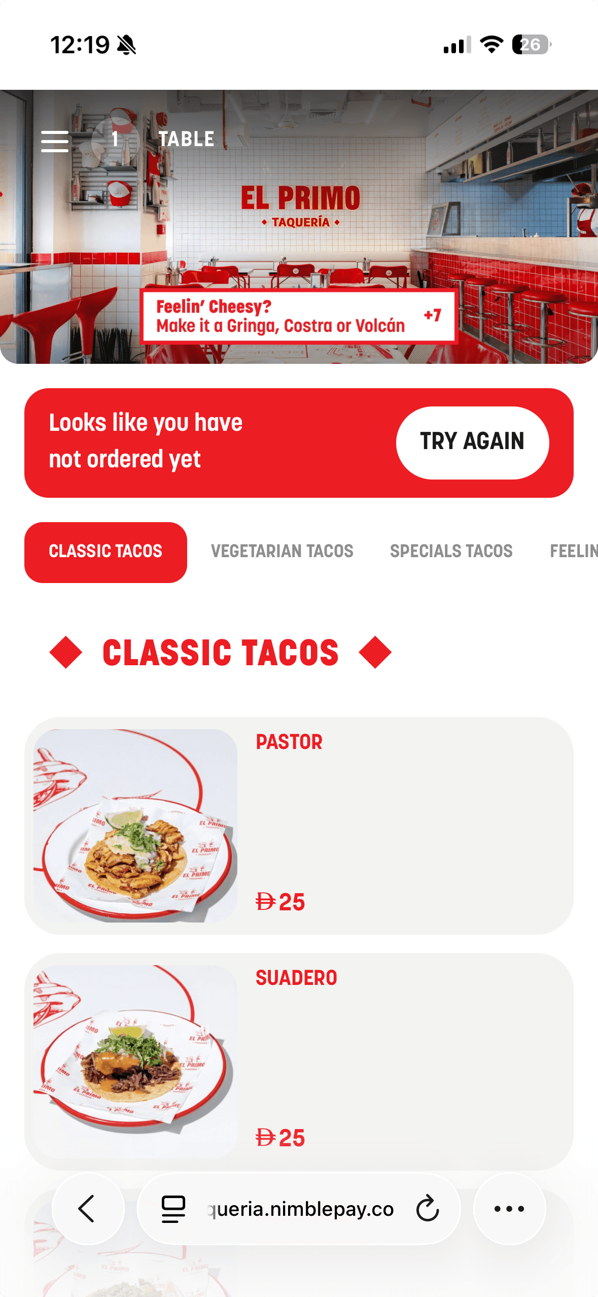 Nimble at El Primo Taquería: tacos menu in the restaurant’s red theme